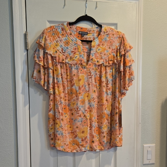 Democracy Tops - Democracy Cato Orange Floral Ruffled Blouse